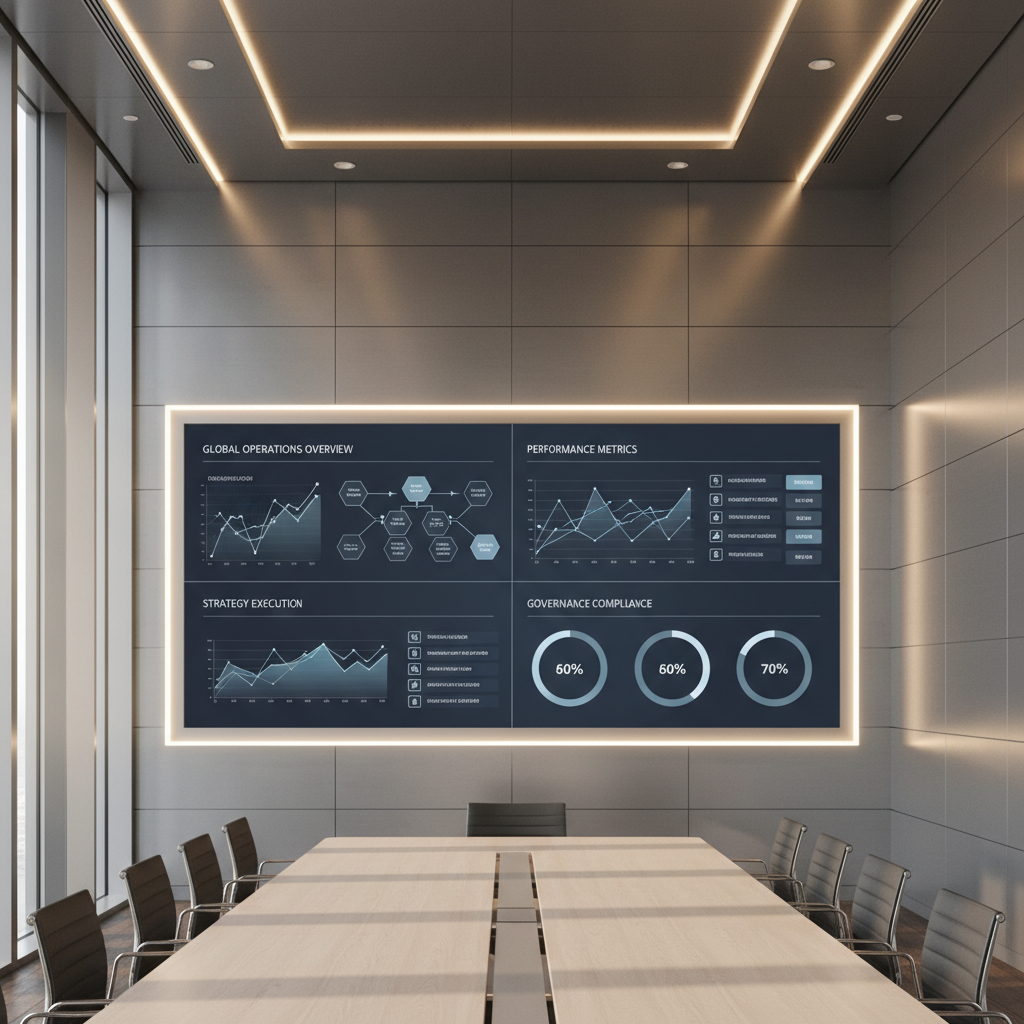 An elegant, oversized wall-mounted digital dashboard displaying complex data visualizations in muted blue, grey, and soft white tones, integrated seamlessly into a polished conference room with brushed aluminum paneling and strategic accent lighting. The dashboard’s interface is composed of clean graphs, flowcharts, and governance indicators, all arranged with immaculate clarity. Ambient LED lighting under the display and a subtle daylight wash from side windows bring gentle highlights and minimal shadow, maintaining a bright and open environment. The mood is insightful and forward-thinking, encouraging strategic decision-making. Photographed from a wide, straight-on perspective to include the dashboard and its architectural context, the framing emphasizing symmetry and a sense of order. The photographic presentation supports themes of transparency, data-driven leadership, and digital transformation.